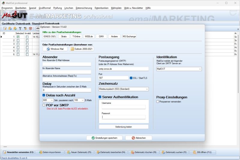 MailOut Enterprise Oberfläche für Newsletter Tool unter Windows